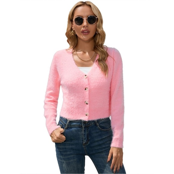 SO pink v-neck button down fuzzy cardigan - Picture 1 of 6